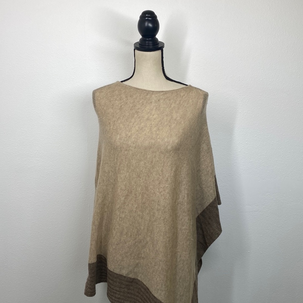 CELESTE wool cashmere poncho wrap in camel tan with brown color block hem OS